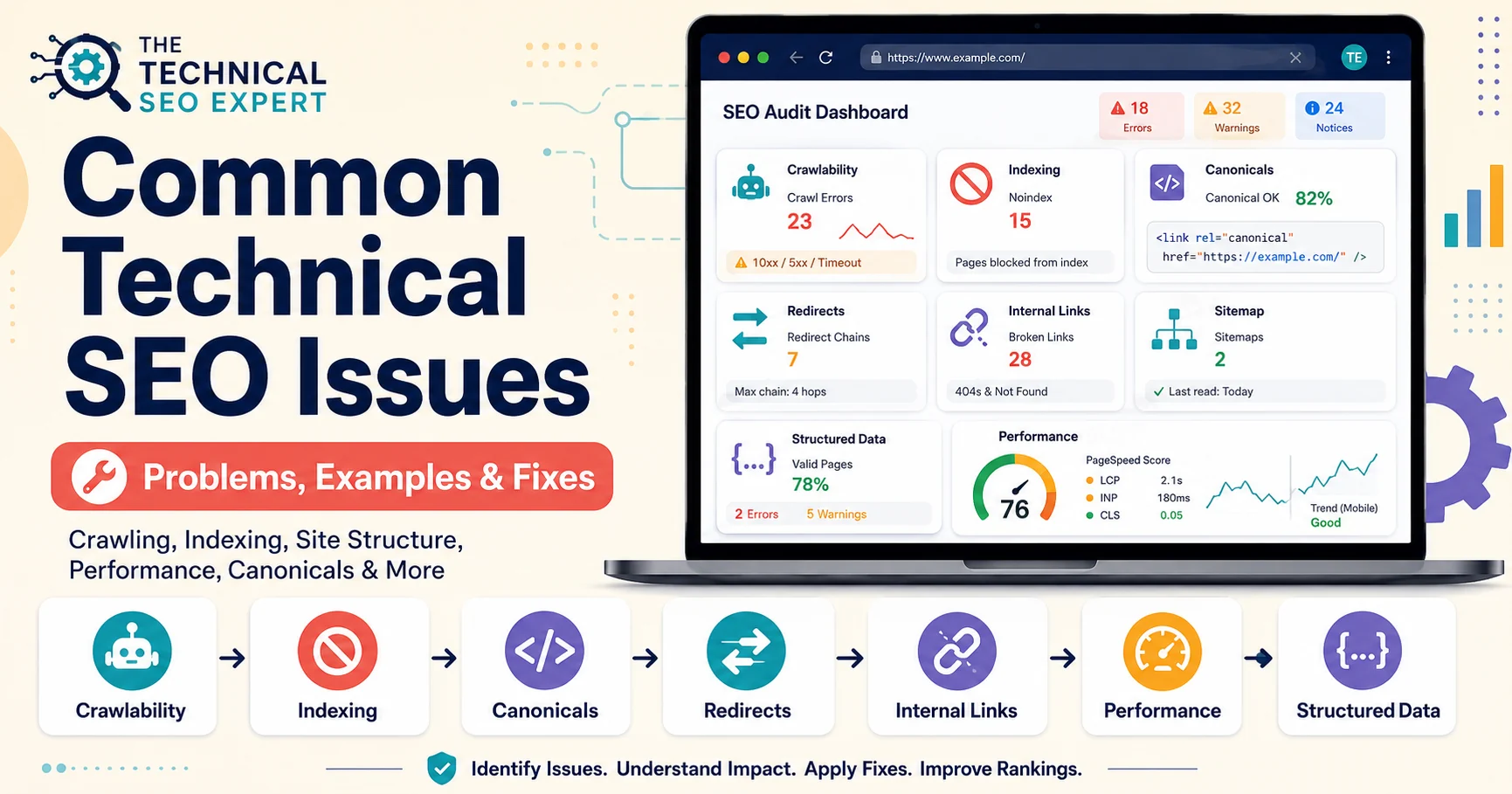 Technical SEO audit dashboard showing common crawlability, indexing, canonical, redirect, internal-link, sitemap, structured-data, and performance issues.