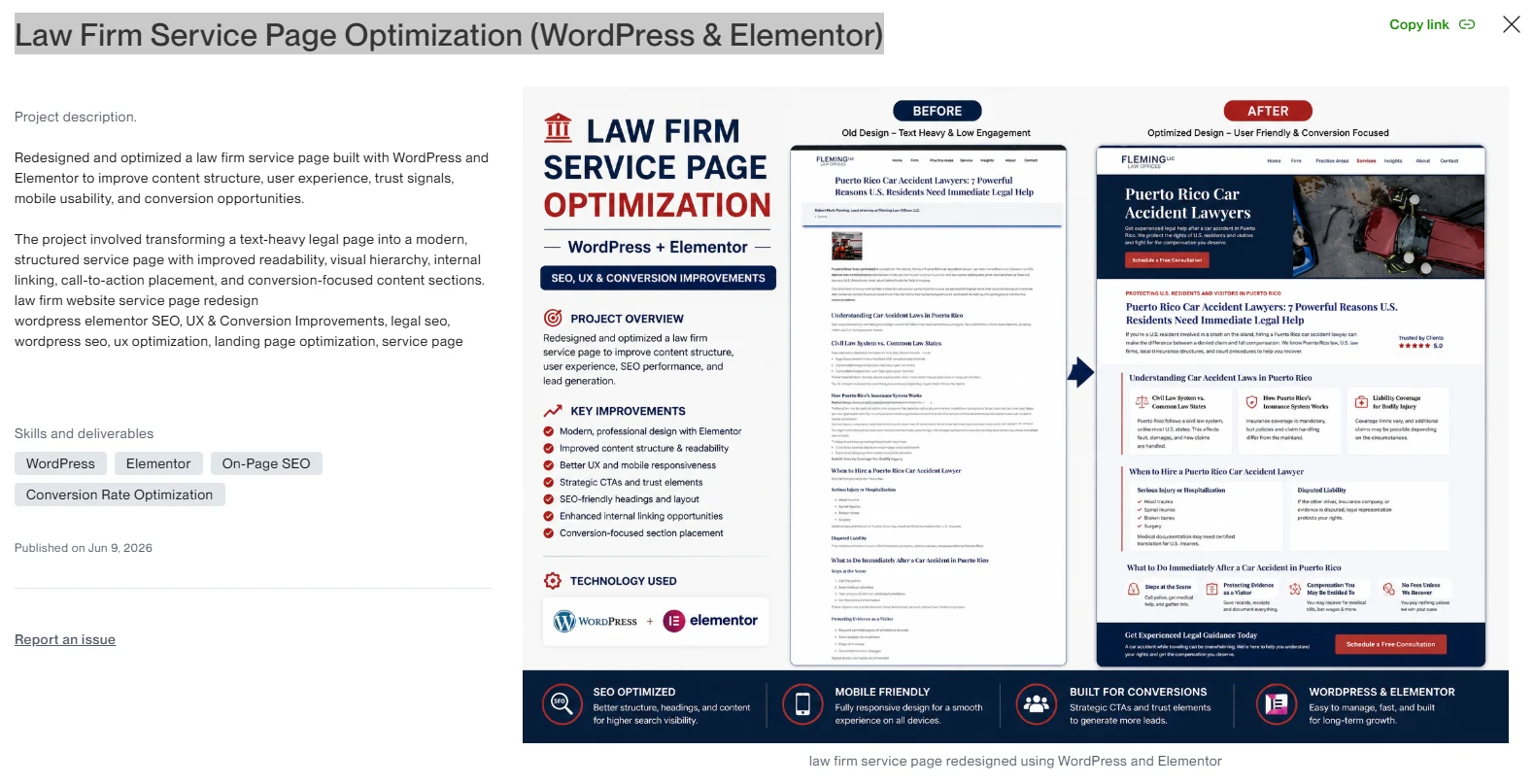 Law firm WordPress service page optimization portfolio