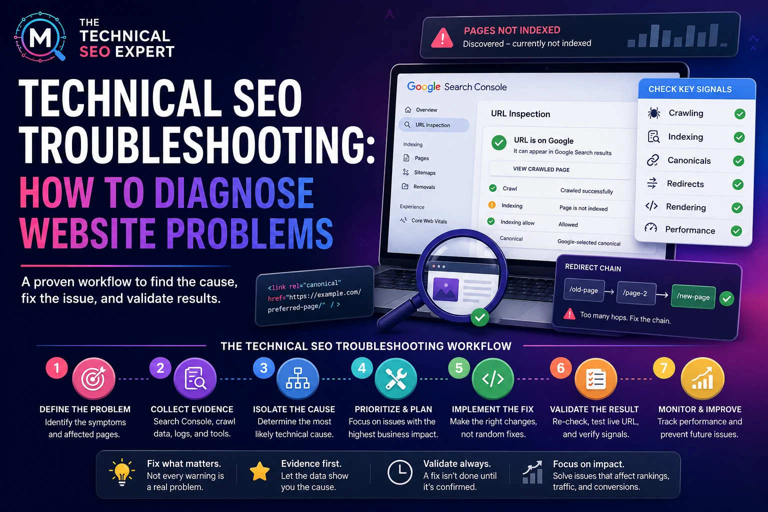 Technical SEO troubleshooting workflow showing Search Console checks, canonicals, redirects, rendering, performance, and validation steps.