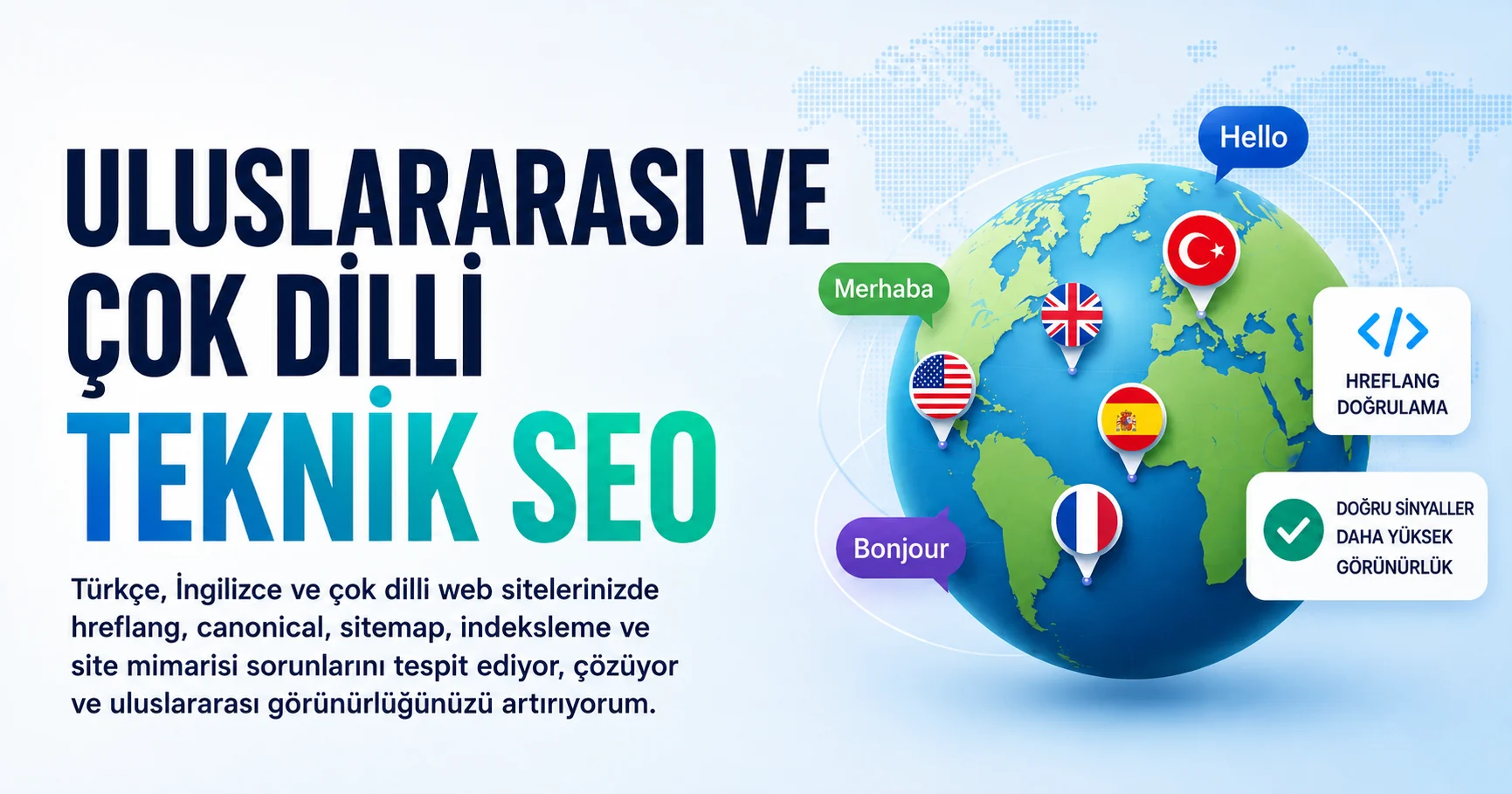 Uluslararası ve çok dilli teknik SEO hizmetini anlatan hreflang, canonical, sitemap ve dil hedefleme görseli