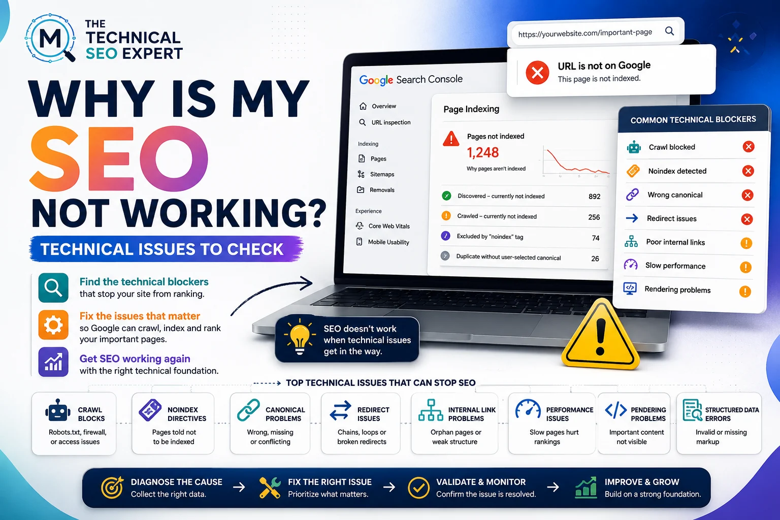 Google Search Console indexing report with common technical blockers explaining why SEO may not be working.